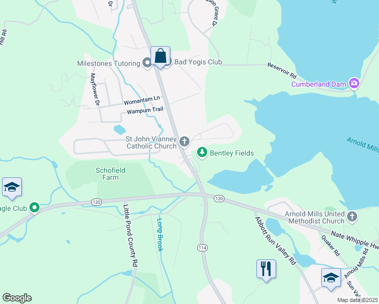 map of restaurants, bars, coffee shops, grocery stores, and more near 3579 Rhode Island 114 in Cumberland