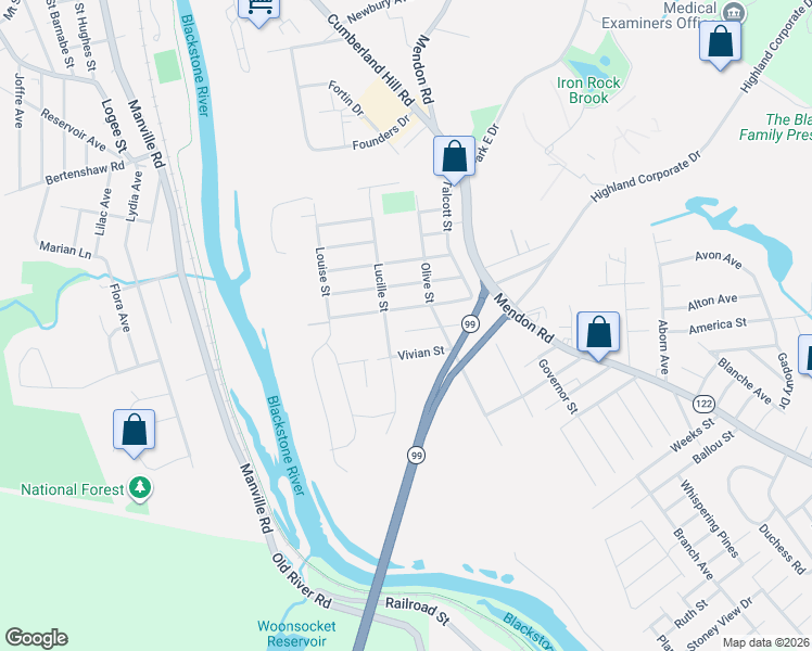 map of restaurants, bars, coffee shops, grocery stores, and more near 170 Seamans Street in Woonsocket