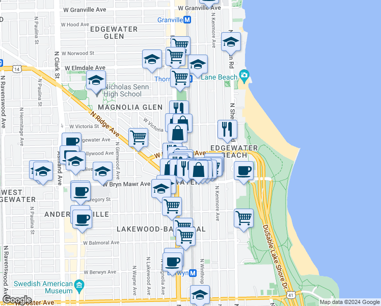 map of restaurants, bars, coffee shops, grocery stores, and more near 5648 North Winthrop Avenue in Chicago