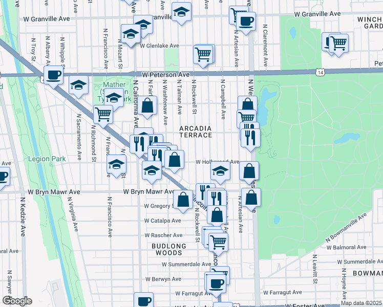 map of restaurants, bars, coffee shops, grocery stores, and more near 5504 North Rockwell Street in Chicago