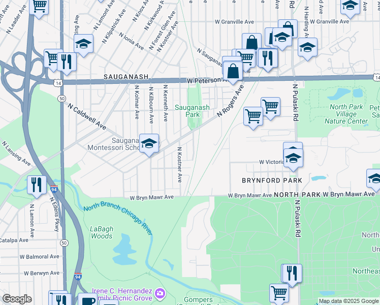 map of restaurants, bars, coffee shops, grocery stores, and more near 5717 North Kostner Avenue in Chicago