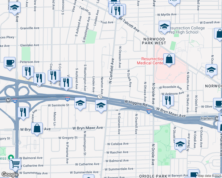 map of restaurants, bars, coffee shops, grocery stores, and more near in Chicago