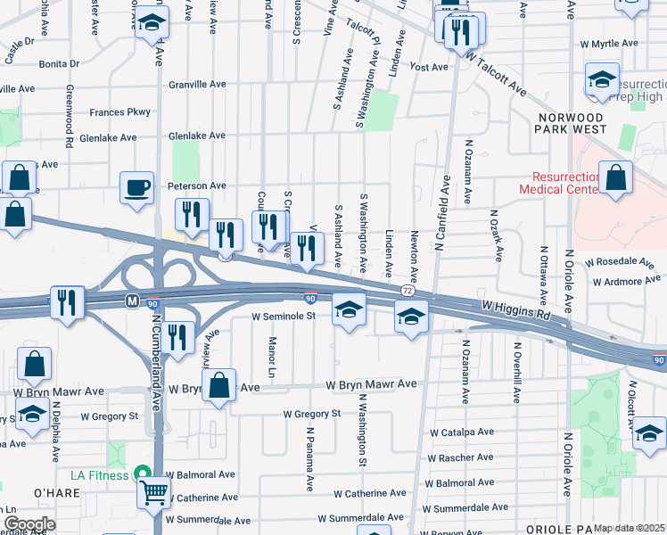 map of restaurants, bars, coffee shops, grocery stores, and more near in Park Ridge