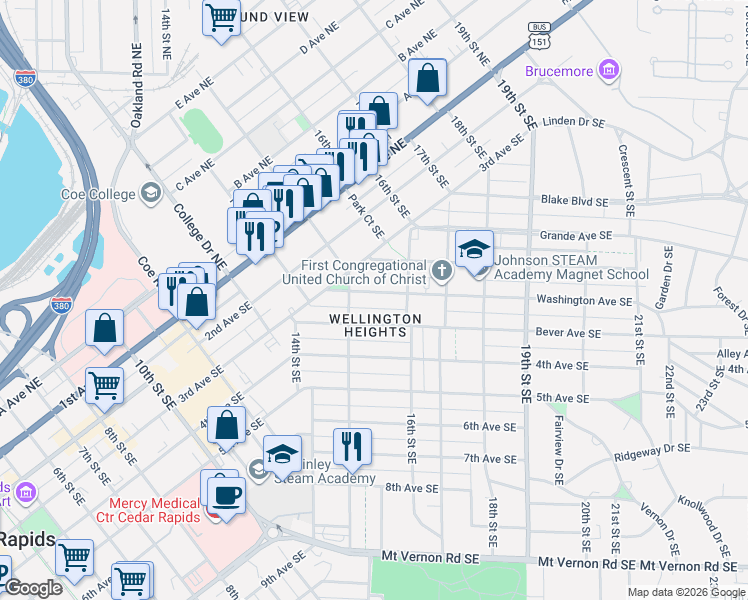 map of restaurants, bars, coffee shops, grocery stores, and more near 1506 Bever Avenue Southeast in Cedar Rapids