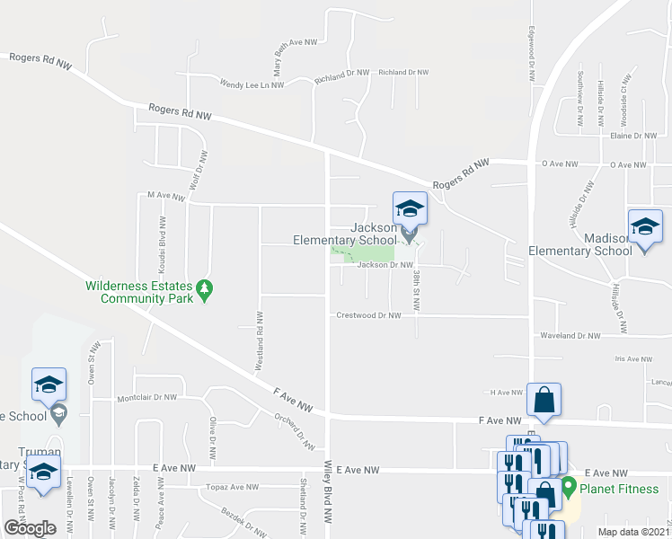 map of restaurants, bars, coffee shops, grocery stores, and more near 1233 41st Street Court Northwest in Cedar Rapids