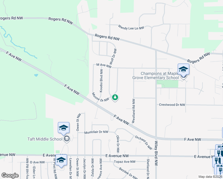 map of restaurants, bars, coffee shops, grocery stores, and more near 1008 Wolf Drive Northwest in Cedar Rapids