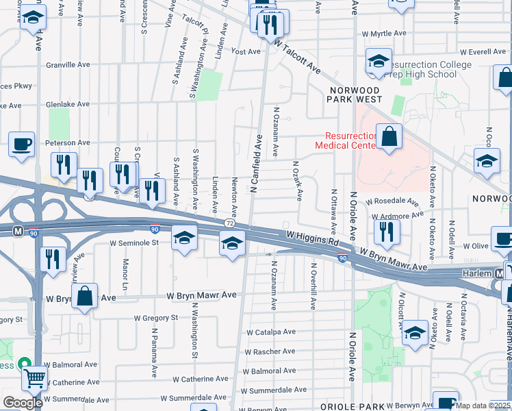 map of restaurants, bars, coffee shops, grocery stores, and more near in Chicago
