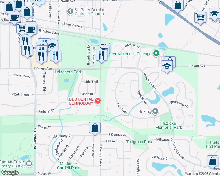 map of restaurants, bars, coffee shops, grocery stores, and more near 728 Balboa Terrace West in Bartlett