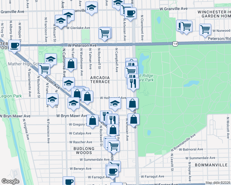 map of restaurants, bars, coffee shops, grocery stores, and more near 2454 West Hollywood Avenue in Chicago