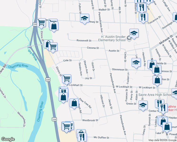 map of restaurants, bars, coffee shops, grocery stores, and more near 200-298 Sharon Avenue in Sayre