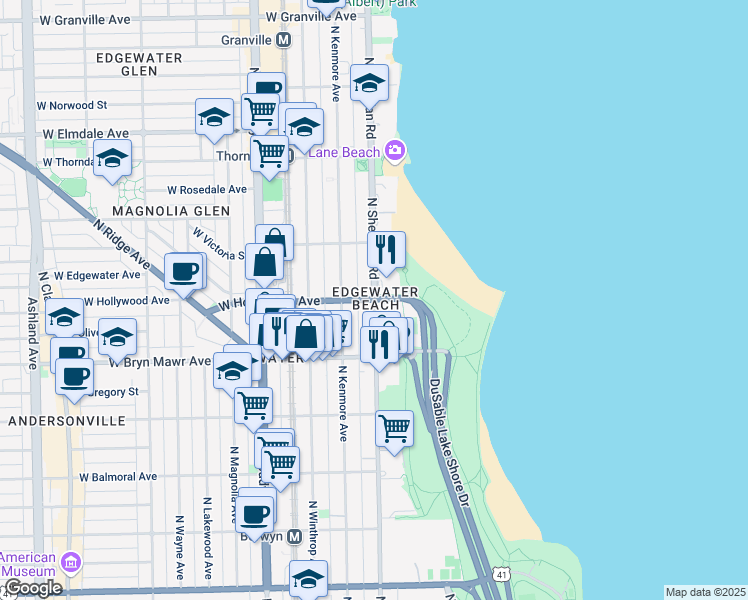 map of restaurants, bars, coffee shops, grocery stores, and more near N Lake Shore Dr & W Hollywood Ave in Chicago