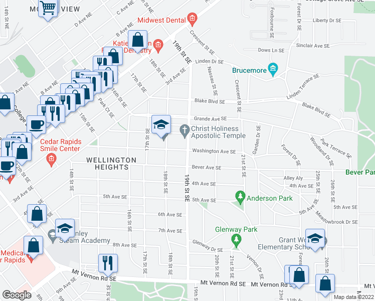 map of restaurants, bars, coffee shops, grocery stores, and more near Washington Avenue Southeast in Cedar Rapids