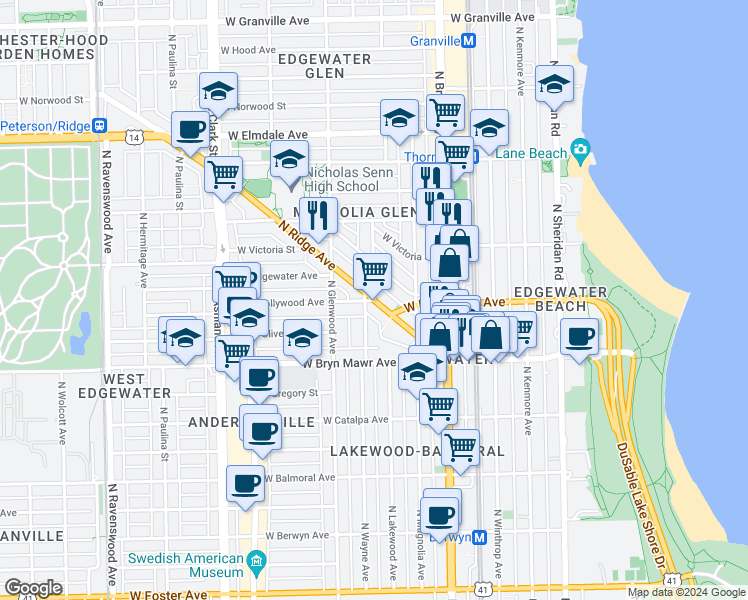 map of restaurants, bars, coffee shops, grocery stores, and more near N Ridge Ave & W Hollywood Ave in Chicago