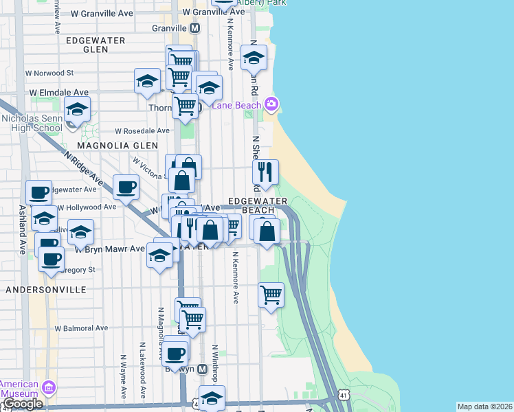map of restaurants, bars, coffee shops, grocery stores, and more near N Sheridan Rd & W Hollywood Ave in Chicago