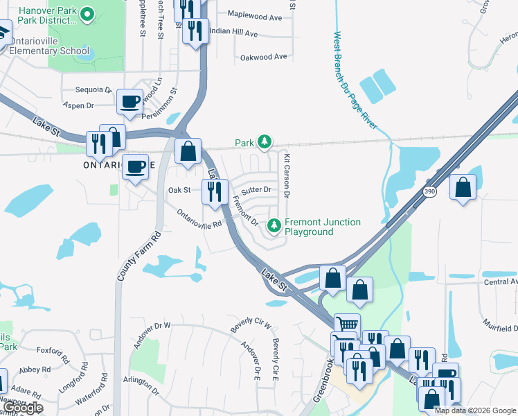 map of restaurants, bars, coffee shops, grocery stores, and more near 1444 Apache Drive in Hanover Park