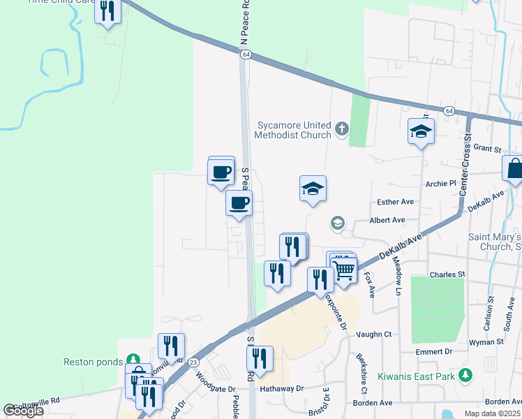 map of restaurants, bars, coffee shops, grocery stores, and more near 540 South Peace Road in Sycamore