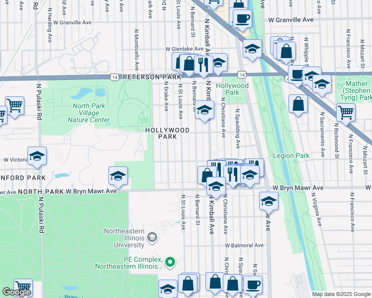 map of restaurants, bars, coffee shops, grocery stores, and more near 5706 North Bernard Street in Chicago
