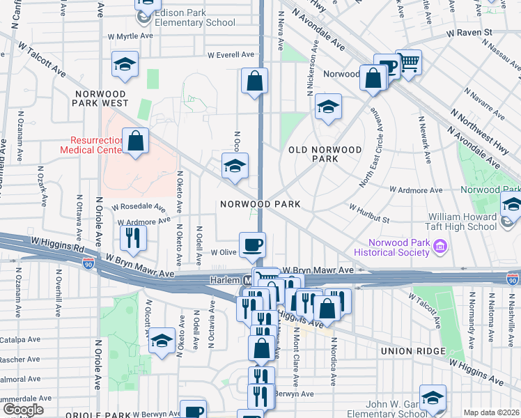 map of restaurants, bars, coffee shops, grocery stores, and more near 5777-5799 North Harlem Avenue in Chicago