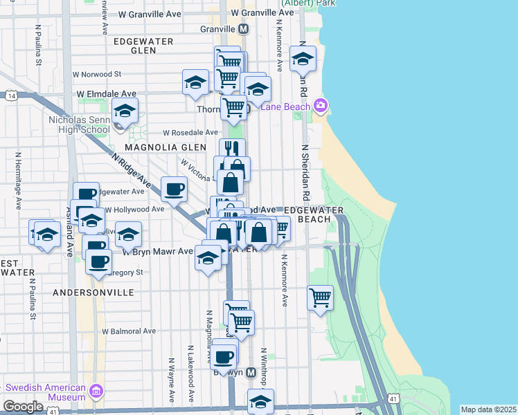 map of restaurants, bars, coffee shops, grocery stores, and more near 5648 North Winthrop Avenue in Chicago