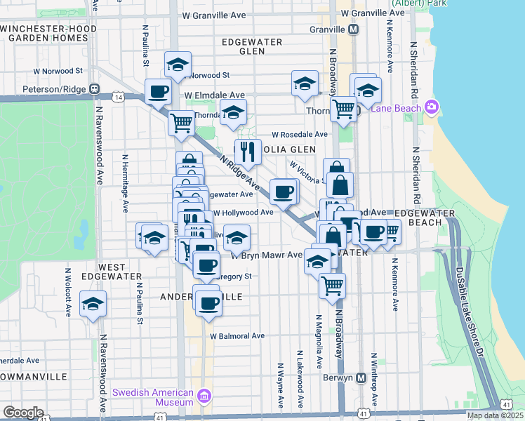 map of restaurants, bars, coffee shops, grocery stores, and more near 5645 North Glenwood Avenue in Chicago