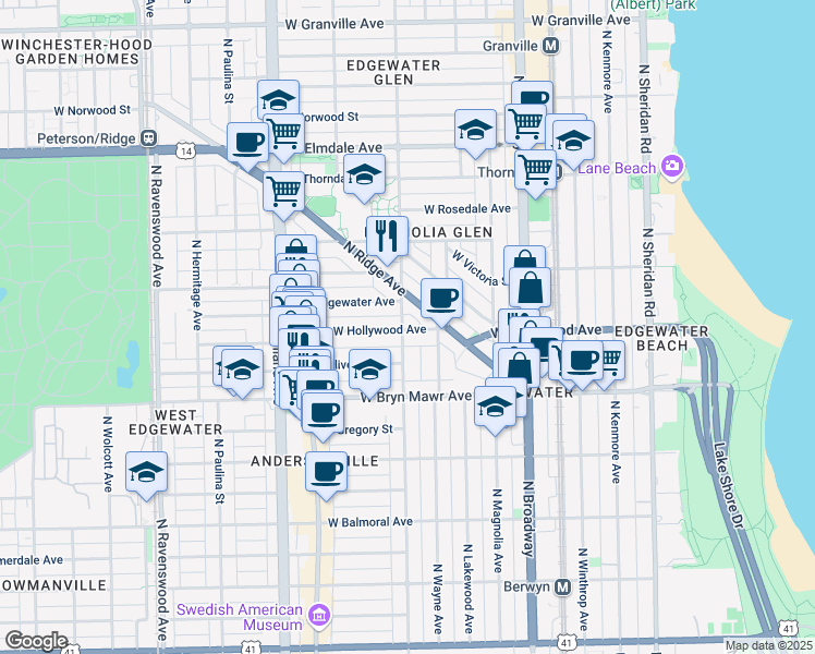 map of restaurants, bars, coffee shops, grocery stores, and more near 5645 North Glenwood Avenue in Chicago