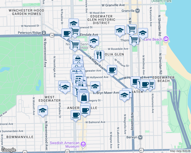 map of restaurants, bars, coffee shops, grocery stores, and more near 1422 West Olive Avenue in Chicago