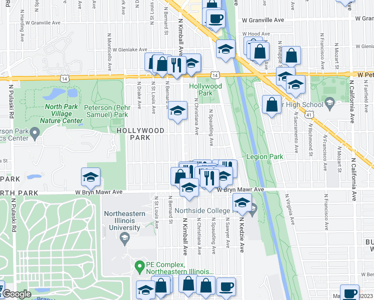 map of restaurants, bars, coffee shops, grocery stores, and more near 5700 North Kimball Avenue in Chicago
