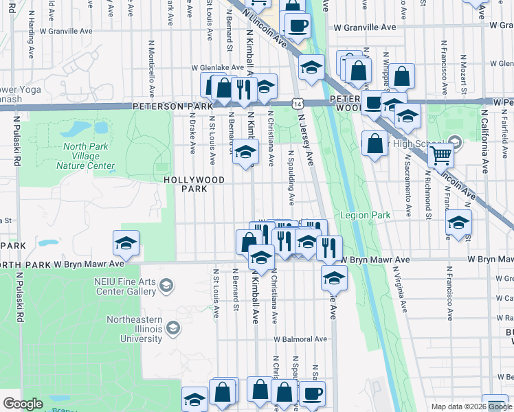 map of restaurants, bars, coffee shops, grocery stores, and more near 5700 North Kimball Avenue in Chicago