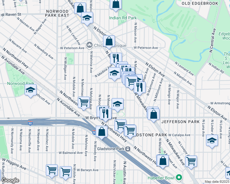 map of restaurants, bars, coffee shops, grocery stores, and more near 5707 North Meade Avenue in Chicago