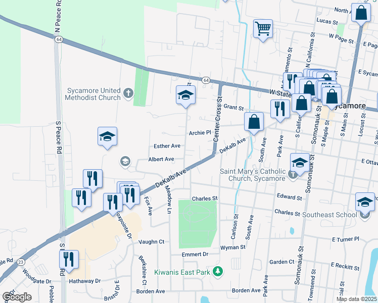 map of restaurants, bars, coffee shops, grocery stores, and more near 436 Fair Street in Sycamore