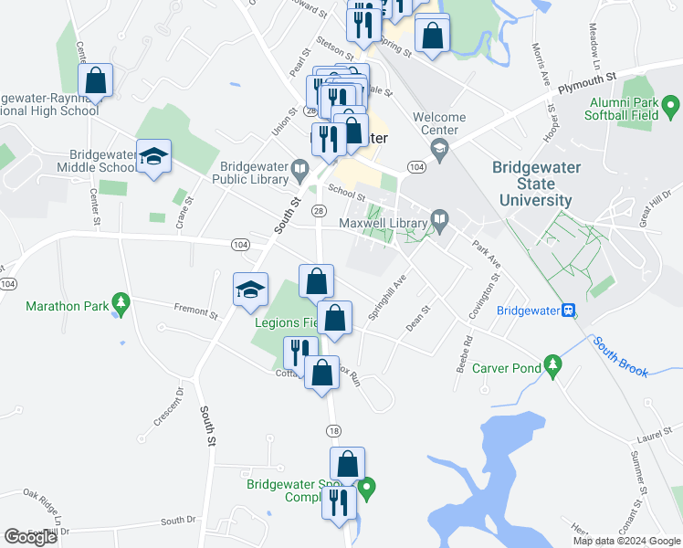map of restaurants, bars, coffee shops, grocery stores, and more near 94 Maple Avenue in Bridgewater