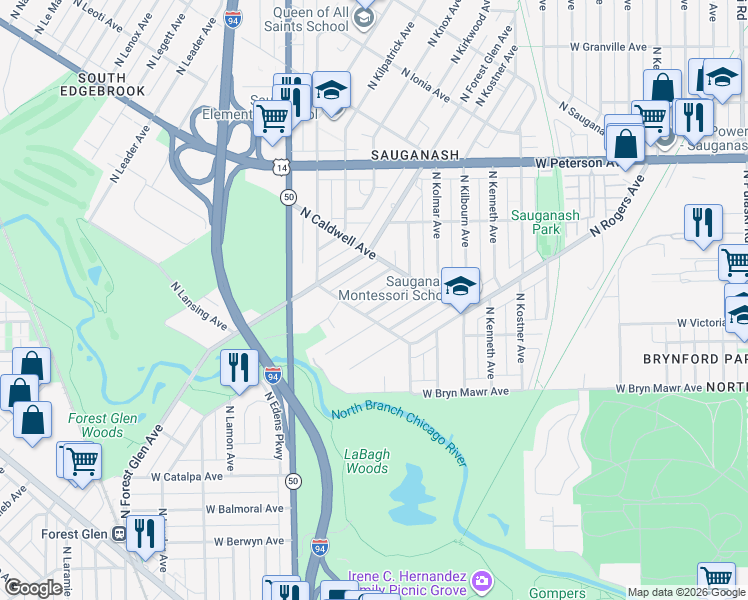 map of restaurants, bars, coffee shops, grocery stores, and more near 5704 North Kerbs Avenue in Chicago