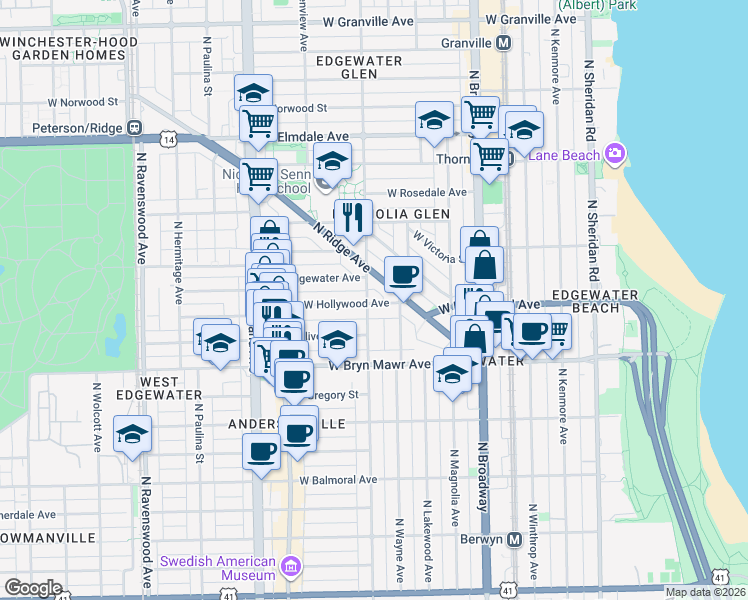 map of restaurants, bars, coffee shops, grocery stores, and more near 5645 North Glenwood Avenue in Chicago