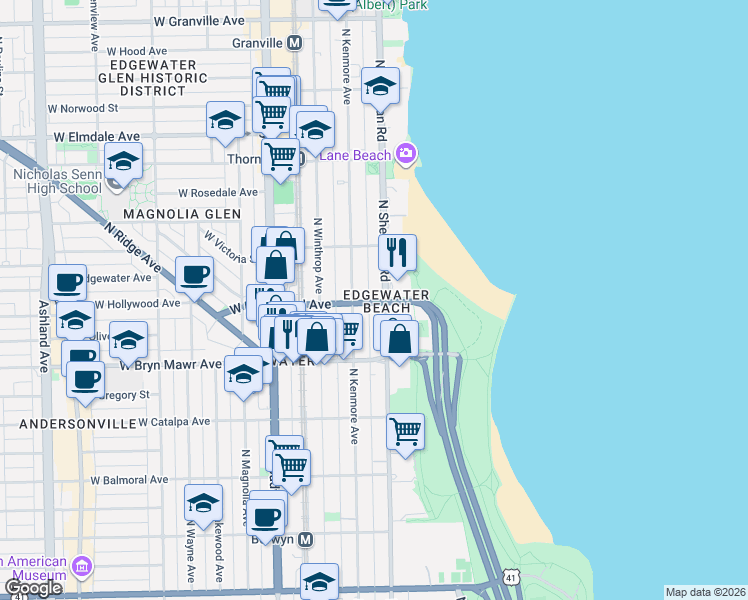 map of restaurants, bars, coffee shops, grocery stores, and more near 5700 North Sheridan Road in Chicago