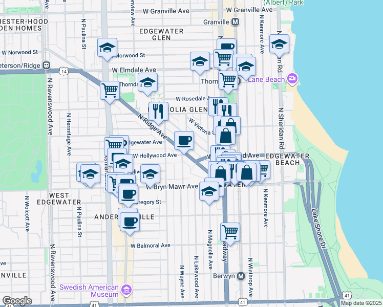 map of restaurants, bars, coffee shops, grocery stores, and more near 5680 North Ridge Avenue in Chicago