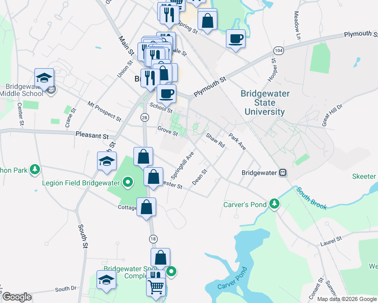 map of restaurants, bars, coffee shops, grocery stores, and more near 30 Springhill Avenue in Bridgewater