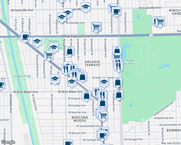 map of restaurants, bars, coffee shops, grocery stores, and more near 5504 North Rockwell Street in Chicago