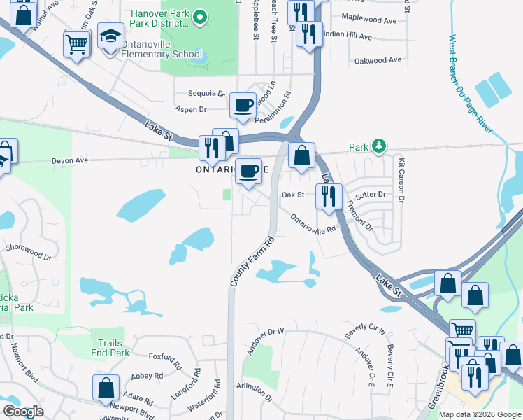 map of restaurants, bars, coffee shops, grocery stores, and more near 1700 Ontarioville Road in Hanover Park