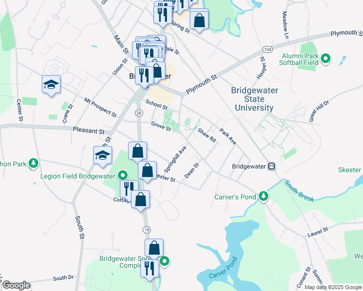 map of restaurants, bars, coffee shops, grocery stores, and more near 30 Springhill Avenue in Bridgewater