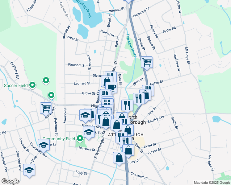 map of restaurants, bars, coffee shops, grocery stores, and more near 142 East Street in North Attleborough