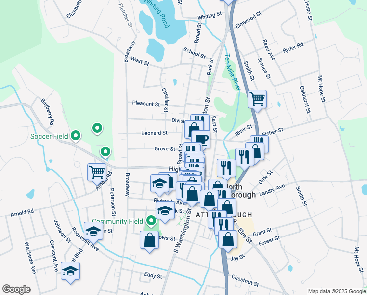 map of restaurants, bars, coffee shops, grocery stores, and more near 104 North Washington Street in North Attleborough