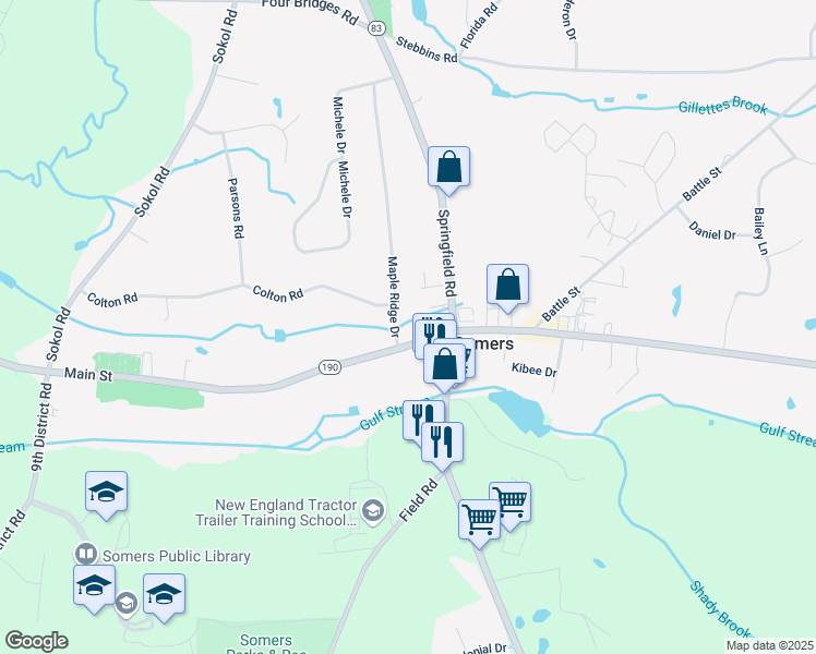 map of restaurants, bars, coffee shops, grocery stores, and more near 576 Main Street in Somers