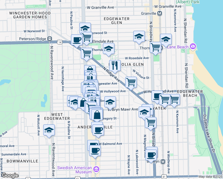 map of restaurants, bars, coffee shops, grocery stores, and more near 1422 West Olive Avenue in Chicago