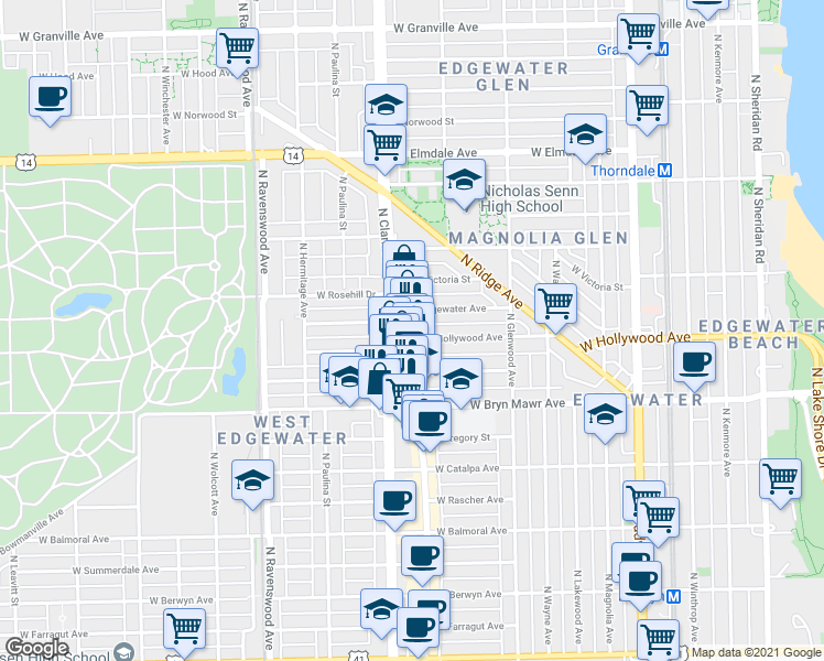 map of restaurants, bars, coffee shops, grocery stores, and more near 5659 North Clark Street in Chicago