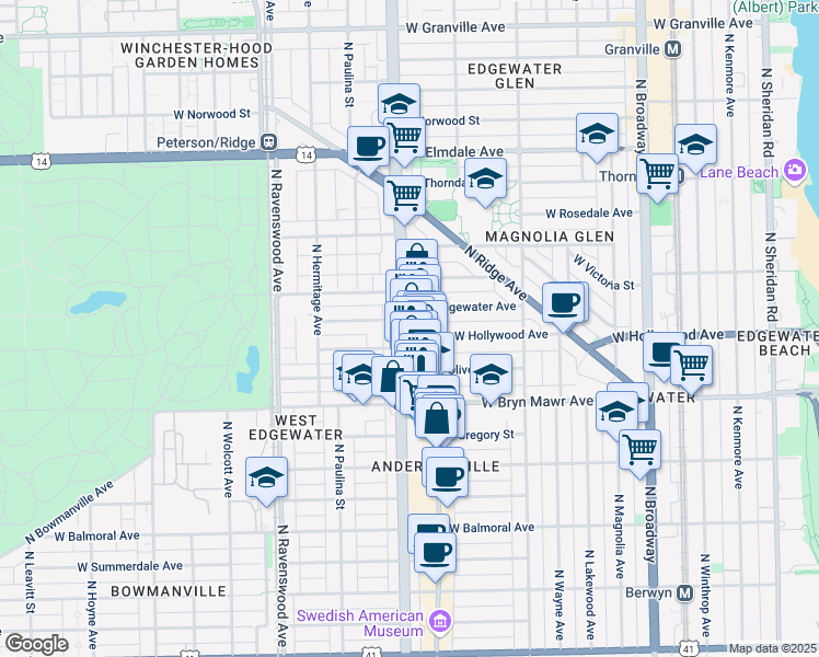 map of restaurants, bars, coffee shops, grocery stores, and more near 5659 North Clark Street in Chicago