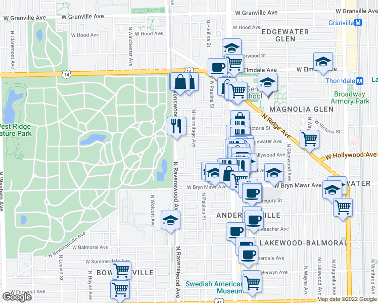 map of restaurants, bars, coffee shops, grocery stores, and more near 5656 North Hermitage Avenue in Chicago