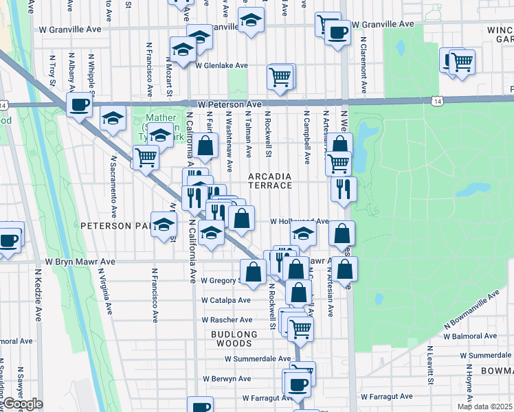 map of restaurants, bars, coffee shops, grocery stores, and more near 5504 North Rockwell Street in Chicago