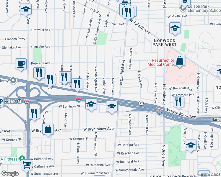 map of restaurants, bars, coffee shops, grocery stores, and more near 110 West Higgins Road in Park Ridge
