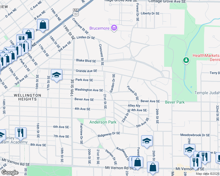 map of restaurants, bars, coffee shops, grocery stores, and more near 368-370 21st Street Southeast in Cedar Rapids