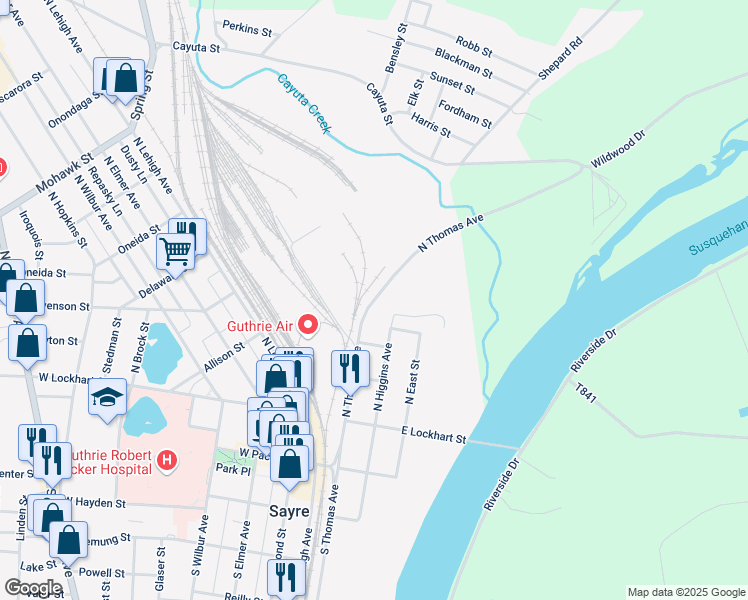 map of restaurants, bars, coffee shops, grocery stores, and more near 101 North Thomas Avenue in Sayre